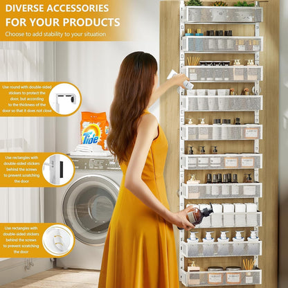 8-Tier Over The Door Pantry Organizer with Mesh Baskets, Adjustable & Stable Hanging Spice Rack for Kitchen, Bathroom, Bedroom, and Baby Essentials Storage (16" W 8-Tiers, White)