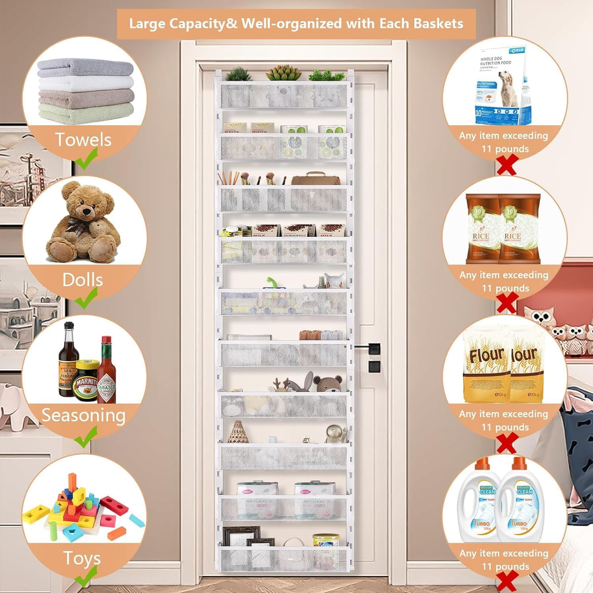 8-Tier Over The Door Pantry Organizer with Mesh Baskets, Adjustable & Stable Hanging Spice Rack for Kitchen, Bathroom, Bedroom, and Baby Essentials Storage (16" W 8-Tiers, White)