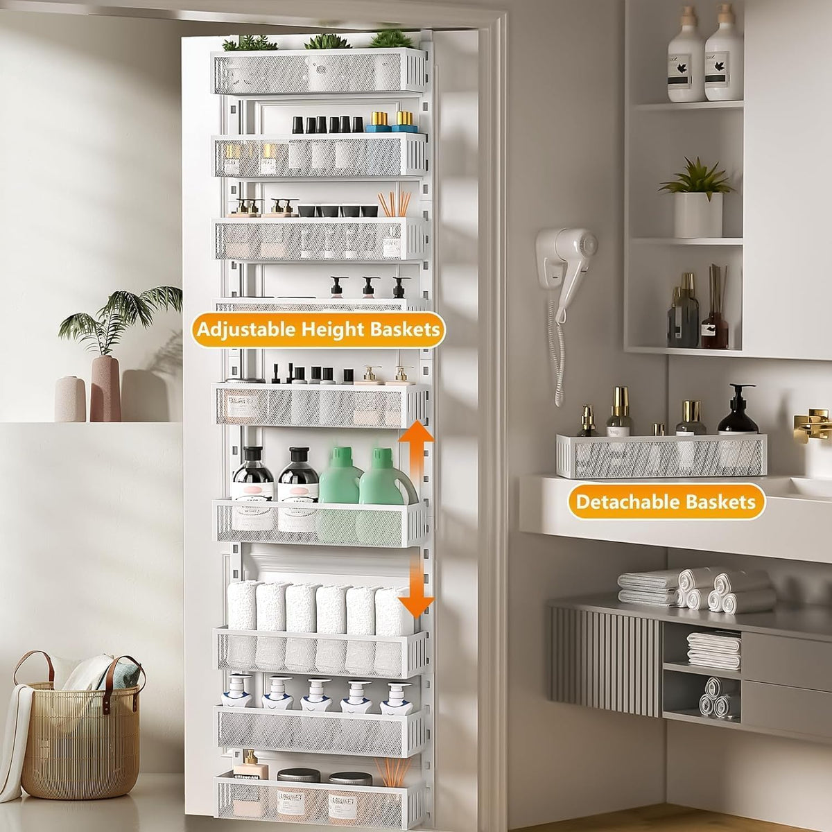 8-Tier Over The Door Pantry Organizer with Mesh Baskets, Adjustable & Stable Hanging Spice Rack for Kitchen, Bathroom, Bedroom, and Baby Essentials Storage (16" W 8-Tiers, White)