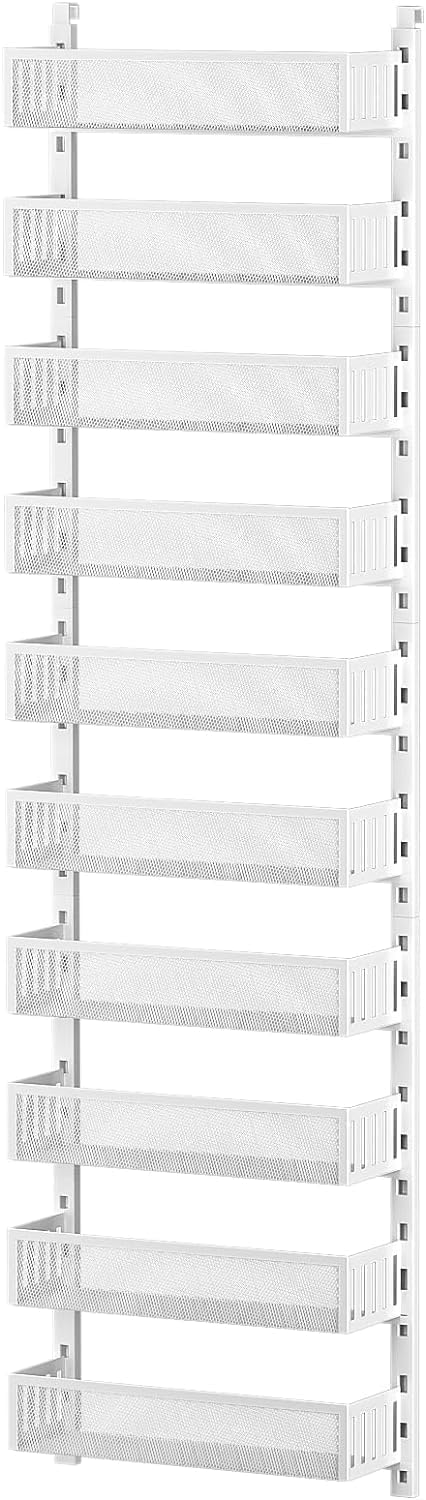 8-Tier Over The Door Pantry Organizer with Mesh Baskets, Adjustable & Stable Hanging Spice Rack for Kitchen, Bathroom, Bedroom, and Baby Essentials Storage (16" W 8-Tiers, White)