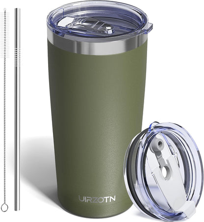 Travel Coffee Tumbler 20oz, Leakproof Travel Coffee Mug with Dual Lids and Straw, Stainless Steel Double Wall Vacuum Insulated Tumbler for Hot/Iced Drinks (Army Green, Textured Matte)