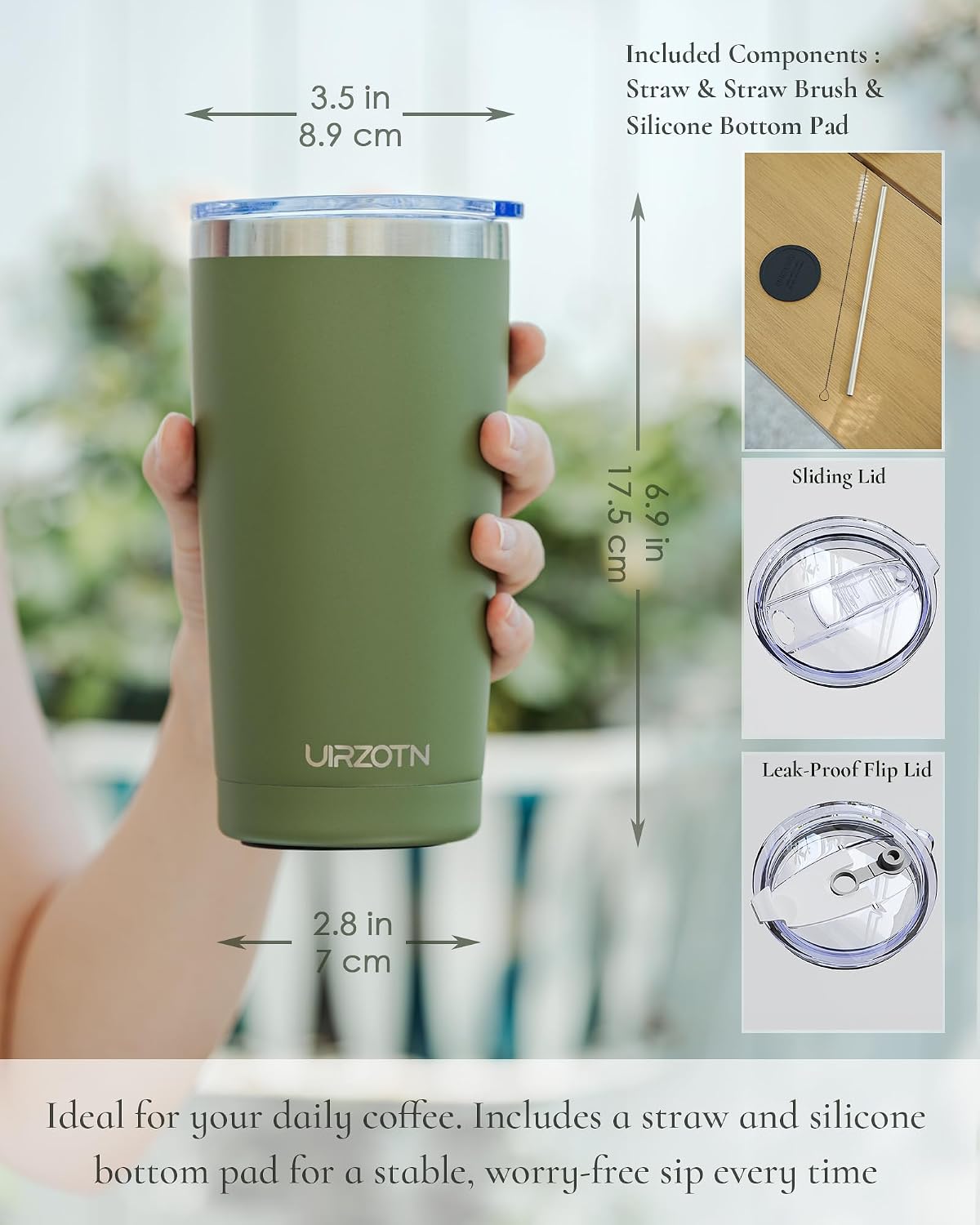 Travel Coffee Tumbler 20oz, Leakproof Travel Coffee Mug with Dual Lids and Straw, Stainless Steel Double Wall Vacuum Insulated Tumbler for Hot/Iced Drinks (Army Green, Textured Matte)