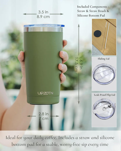 Travel Coffee Tumbler 20oz, Leakproof Travel Coffee Mug with Dual Lids and Straw, Stainless Steel Double Wall Vacuum Insulated Tumbler for Hot/Iced Drinks (Army Green, Textured Matte)