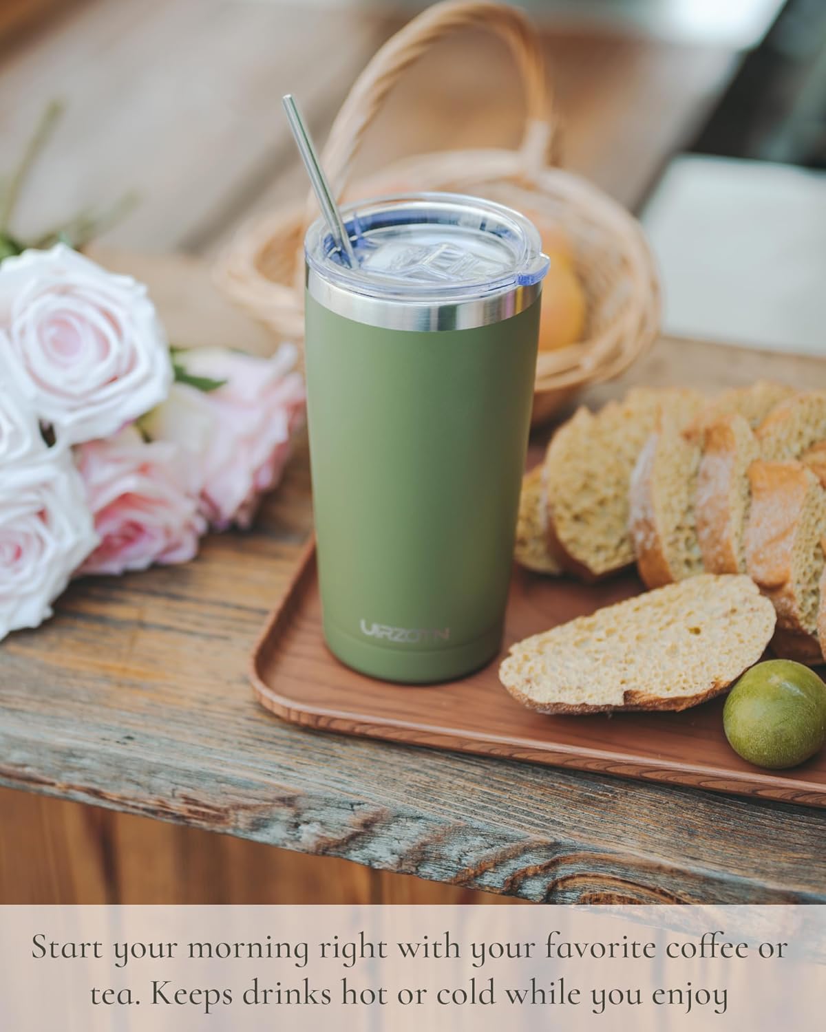 Travel Coffee Tumbler 20oz, Leakproof Travel Coffee Mug with Dual Lids and Straw, Stainless Steel Double Wall Vacuum Insulated Tumbler for Hot/Iced Drinks (Army Green, Textured Matte)