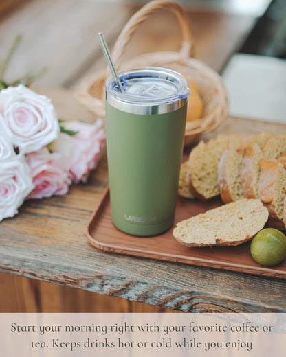 Travel Coffee Tumbler 20oz, Leakproof Travel Coffee Mug with Dual Lids and Straw, Stainless Steel Double Wall Vacuum Insulated Tumbler for Hot/Iced Drinks (Army Green, Textured Matte)