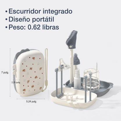 TPE & Silicone Travel Baby Bottle Cleaning Kit, 6-in-1 Baby Bottle Cleaner Brush Set, Nipple Brush, Straw Brush, Soap Dispenser, Portable Drying Rack, Baby Travel Essential(Grey)