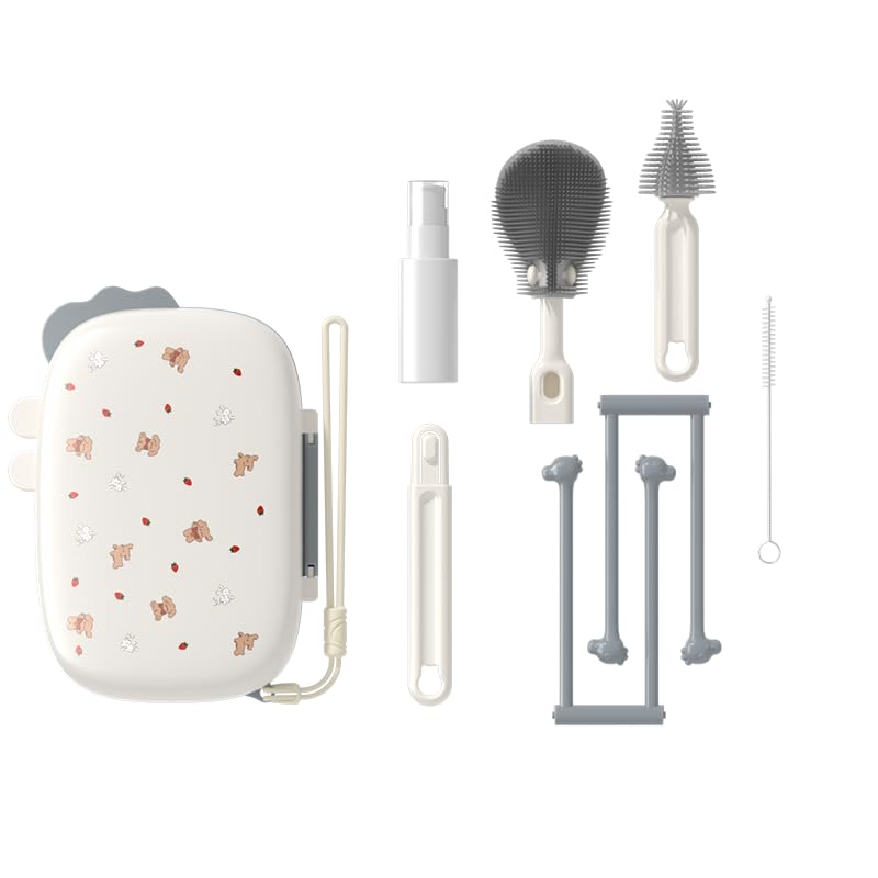 TPE & Silicone Travel Baby Bottle Cleaning Kit, 6-in-1 Baby Bottle Cleaner Brush Set, Nipple Brush, Straw Brush, Soap Dispenser, Portable Drying Rack, Baby Travel Essential(Grey)