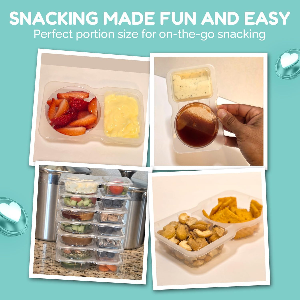 Reusable Snack Containers with Lids 10 Pack (20 Pieces) Portion control, Snack Pack Containers 2 Double Compartment Snack Containers for Kids On the Go Meals, Camping Snack Tray Prep