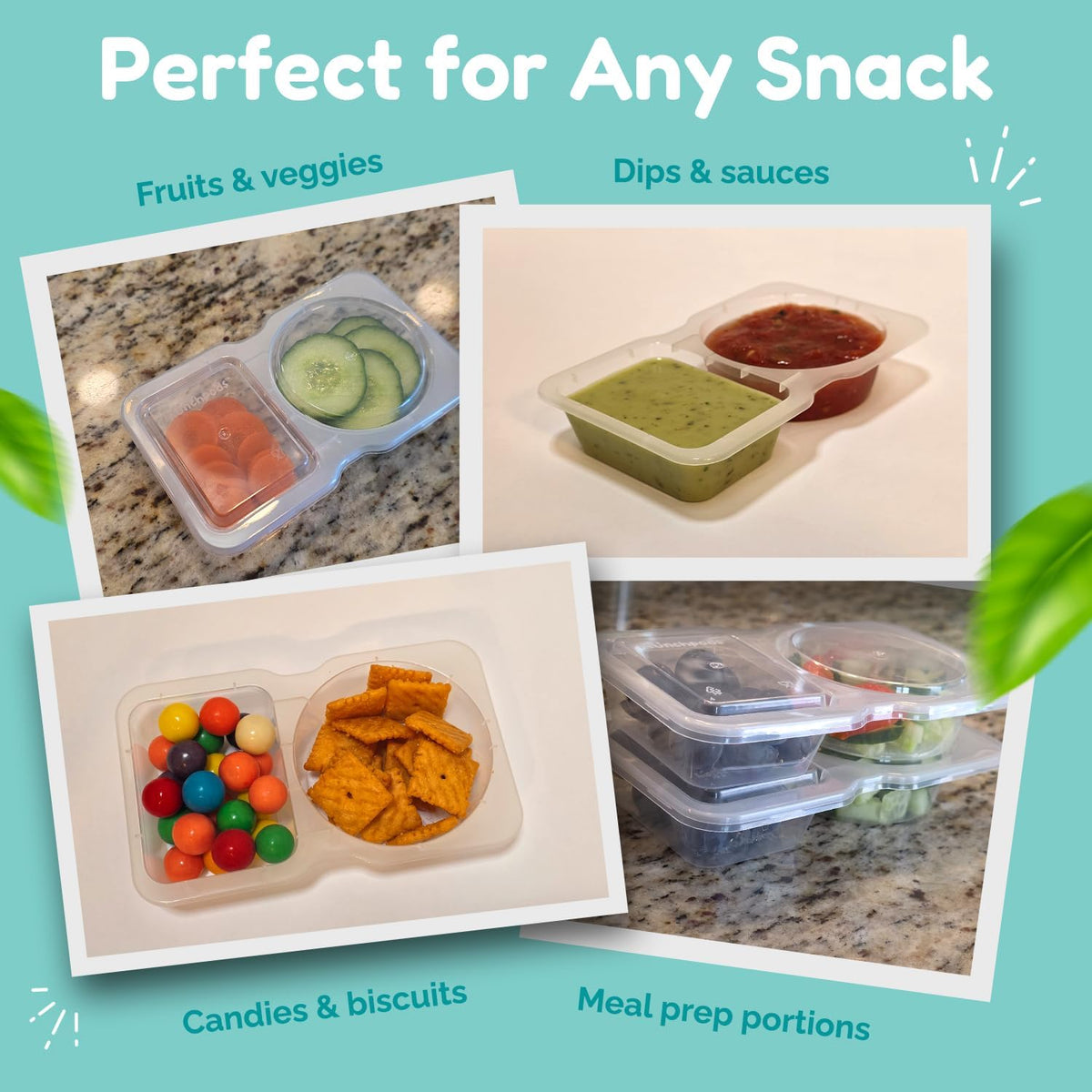 Reusable Snack Containers with Lids 10 Pack (20 Pieces) Portion control, Snack Pack Containers 2 Double Compartment Snack Containers for Kids On the Go Meals, Camping Snack Tray Prep