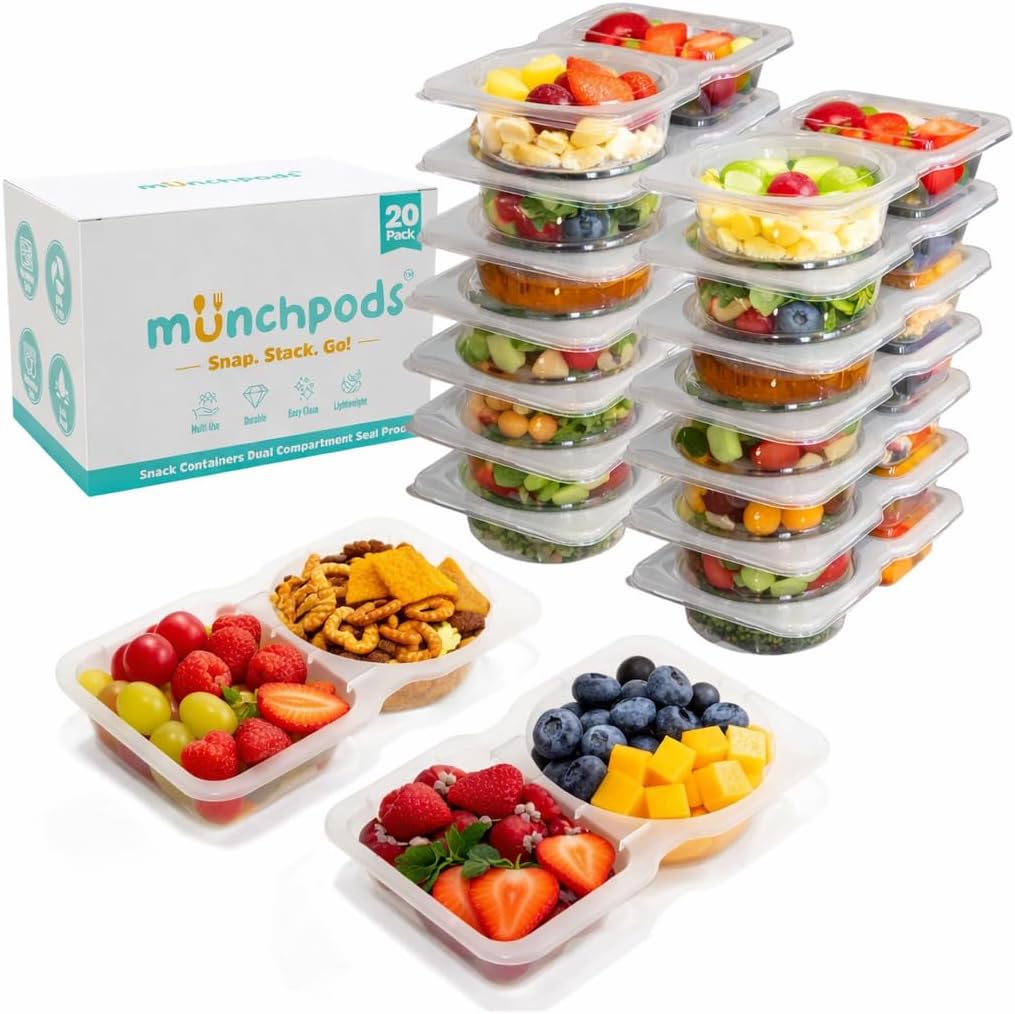 Reusable Snack Containers with Lids 10 Pack (20 Pieces) Portion control, Snack Pack Containers 2 Double Compartment Snack Containers for Kids On the Go Meals, Camping Snack Tray Prep