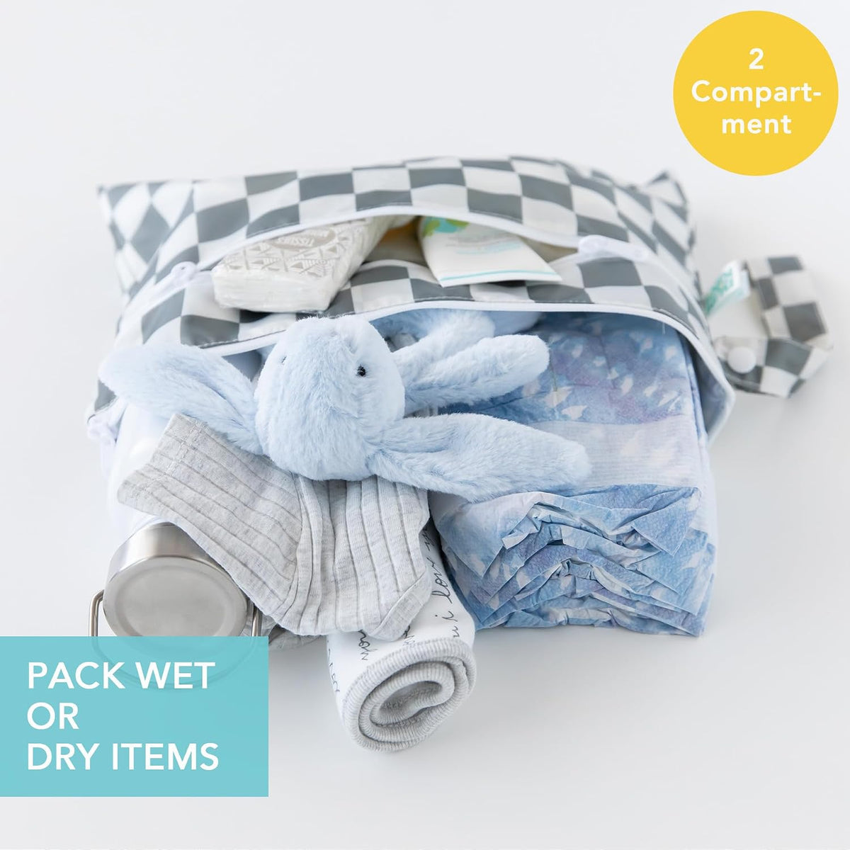 Roamio Waterproof Wet Bag for Baby, Travel, Swim Suit, Cloth Diapers, Pump Parts, Pool, Beach, Gym Clothes, Toiletry, Hook to Stroller, Daycare, Zip Reusable Wetdry Packing Pouch, Multi Check - Colors A