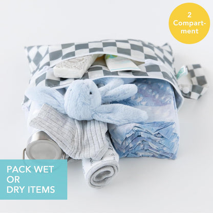 Roamio Waterproof Wet Bag for Baby, Travel, Swim Suit, Cloth Diapers, Pump Parts, Pool, Beach, Gym Clothes, Toiletry, Hook to Stroller, Daycare, Zip Reusable Wetdry Packing Pouch, Multi Check - Colors A