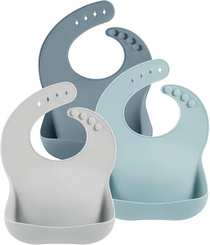 3 Pack Silicone Bibs for Boys Girls for Babies & Toddlers, Waterproof Feeding Bib with Large Food Catcher, BPA Free