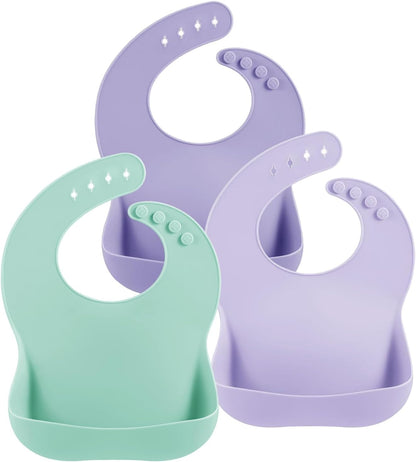 3 Pack Silicone Bibs for Boys Girls for Babies & Toddlers, Waterproof Feeding Bib with Large Food Catcher, BPA Free
