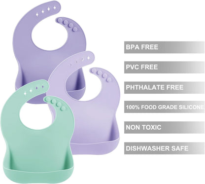 3 Pack Silicone Bibs for Boys Girls for Babies & Toddlers, Waterproof Feeding Bib with Large Food Catcher, BPA Free