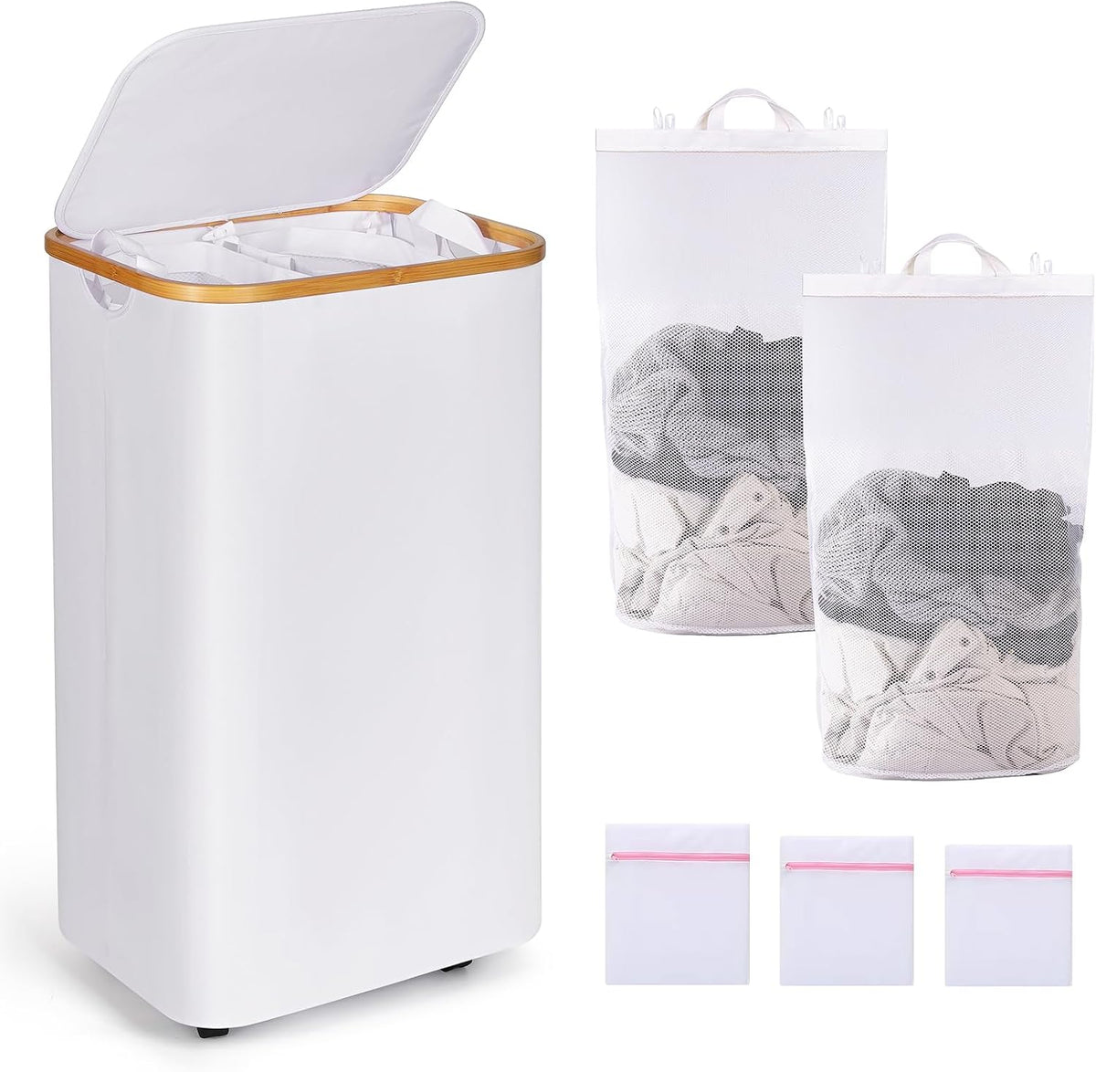 110L Slim Laundry Basket with Lid, Rolling Laundry Hamper with Bamboo Handles, Collapsible Dirty Clothes Basket Organizer with Removable Inner Bag and 3PCS Lingerie Bags for Washing Delicates