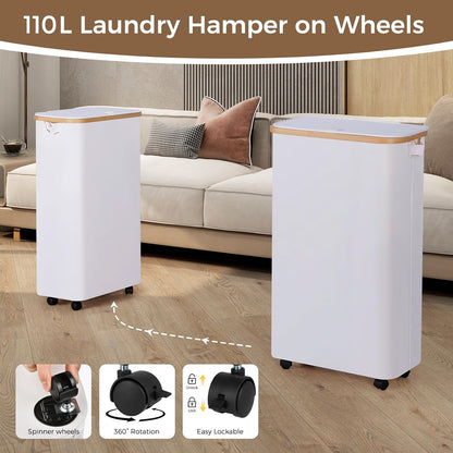 110L Slim Laundry Basket with Lid, Rolling Laundry Hamper with Bamboo Handles, Collapsible Dirty Clothes Basket Organizer with Removable Inner Bag and 3PCS Lingerie Bags for Washing Delicates