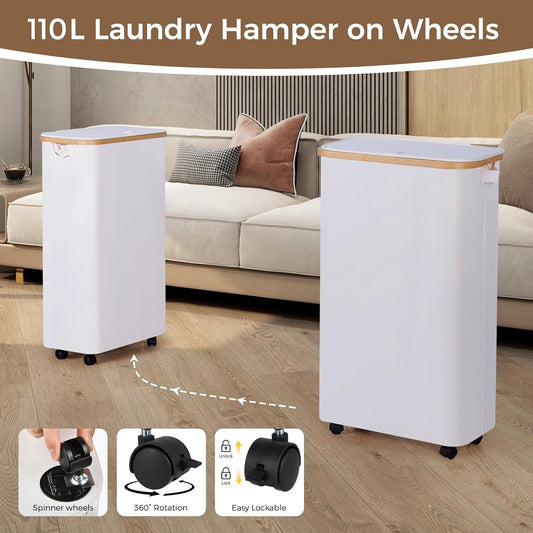 110L Slim Laundry Basket with Lid, Rolling Laundry Hamper with Bamboo Handles, Collapsible Dirty Clothes Basket Organizer with Removable Inner Bag and 3PCS Lingerie Bags for Washing Delicates