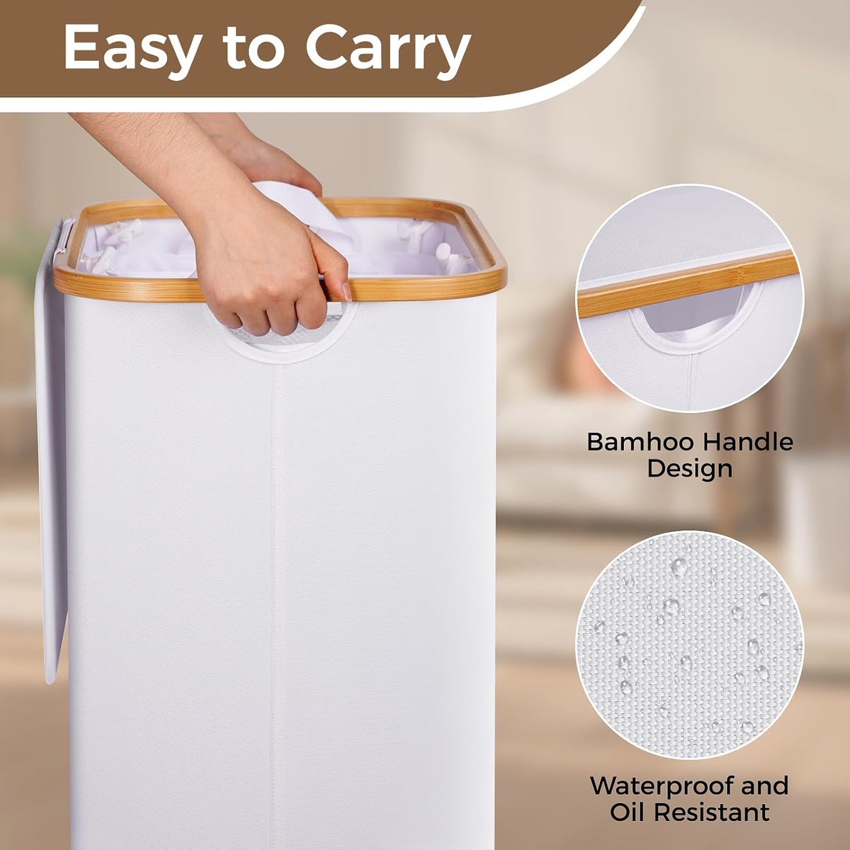 110L Slim Laundry Basket with Lid, Rolling Laundry Hamper with Bamboo Handles, Collapsible Dirty Clothes Basket Organizer with Removable Inner Bag and 3PCS Lingerie Bags for Washing Delicates