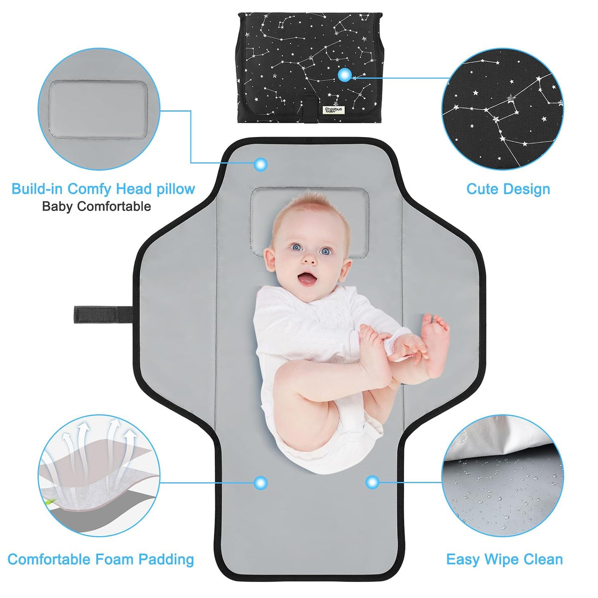 2 Sets Portable Changing Pad Travel - Waterproof Compact Diaper Changing Mat with Built-in Pillow - Lightweight & Foldable Changing Station, Newborn Shower Gifts (Star and Elephant)