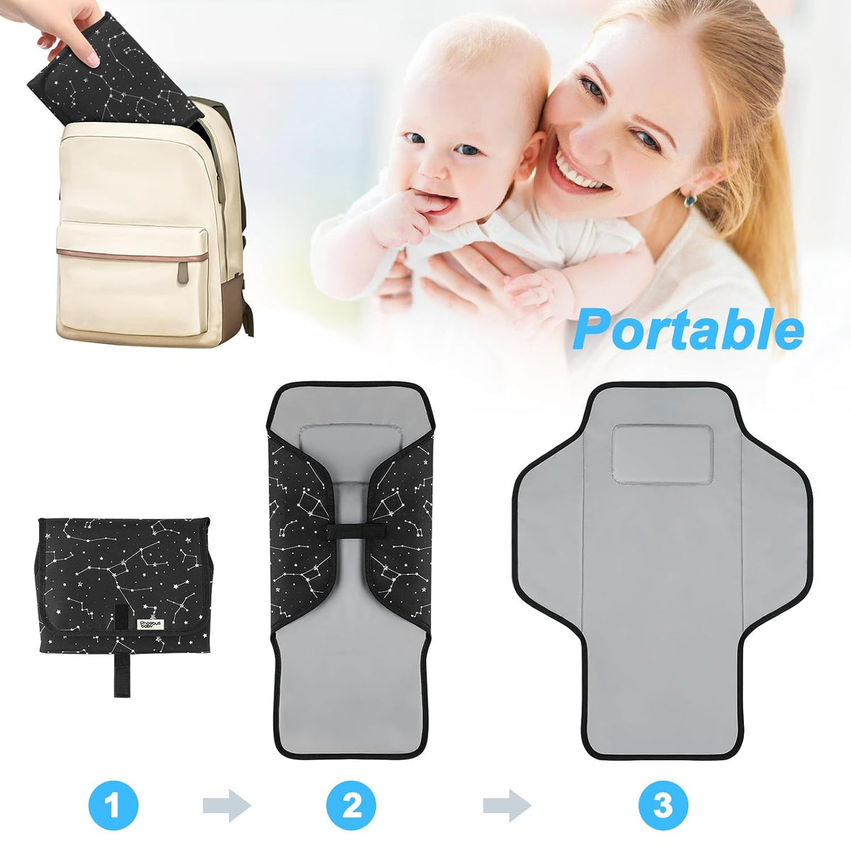 2 Sets Portable Changing Pad Travel - Waterproof Compact Diaper Changing Mat with Built-in Pillow - Lightweight & Foldable Changing Station, Newborn Shower Gifts (Star and Elephant)