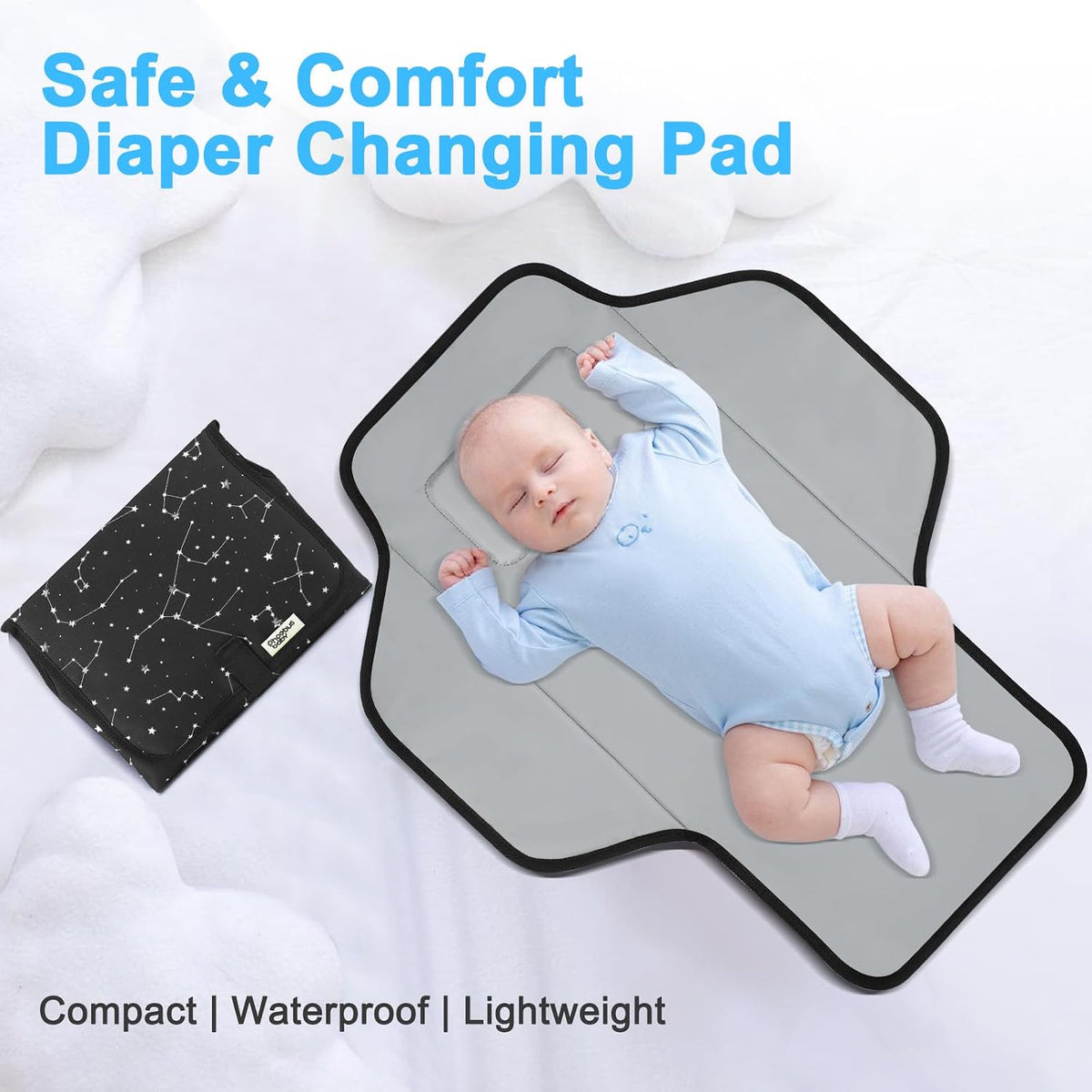 2 Sets Portable Changing Pad Travel - Waterproof Compact Diaper Changing Mat with Built-in Pillow - Lightweight & Foldable Changing Station, Newborn Shower Gifts (Star and Elephant)