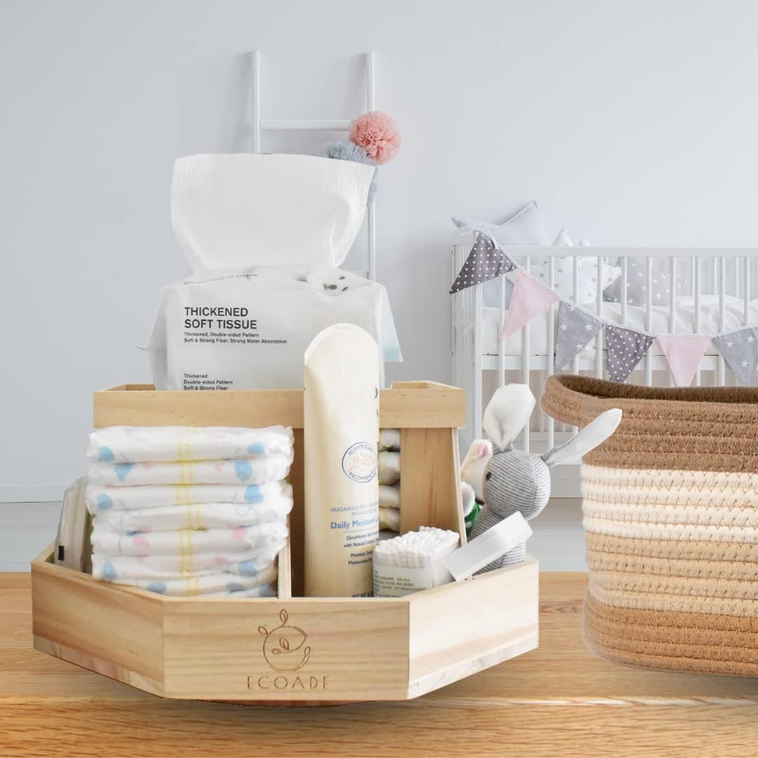 Wooden Diaper Caddy Organizer - 360 Degrees Rotating Caddy with Removable Dividers, Nursery Diaper Organizer