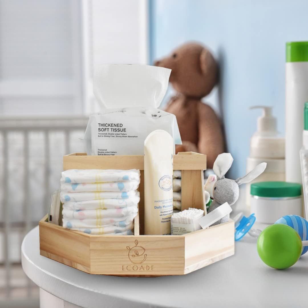 Wooden Diaper Caddy Organizer - 360 Degrees Rotating Caddy with Removable Dividers, Nursery Diaper Organizer