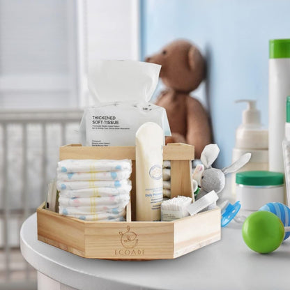 Wooden Diaper Caddy Organizer - 360 Degrees Rotating Caddy with Removable Dividers, Nursery Diaper Organizer