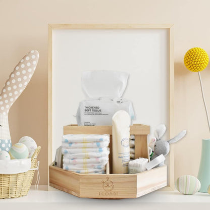 Wooden Diaper Caddy Organizer - 360 Degrees Rotating Caddy with Removable Dividers, Nursery Diaper Organizer