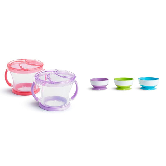 ® Snack Catcher® Toddler Snack Cups, 2 Pack, Pink/Purple & ® Stay Put™ Suction Bowls for Babies and Toddlers, 3 Pack, Blue/Green/Purple