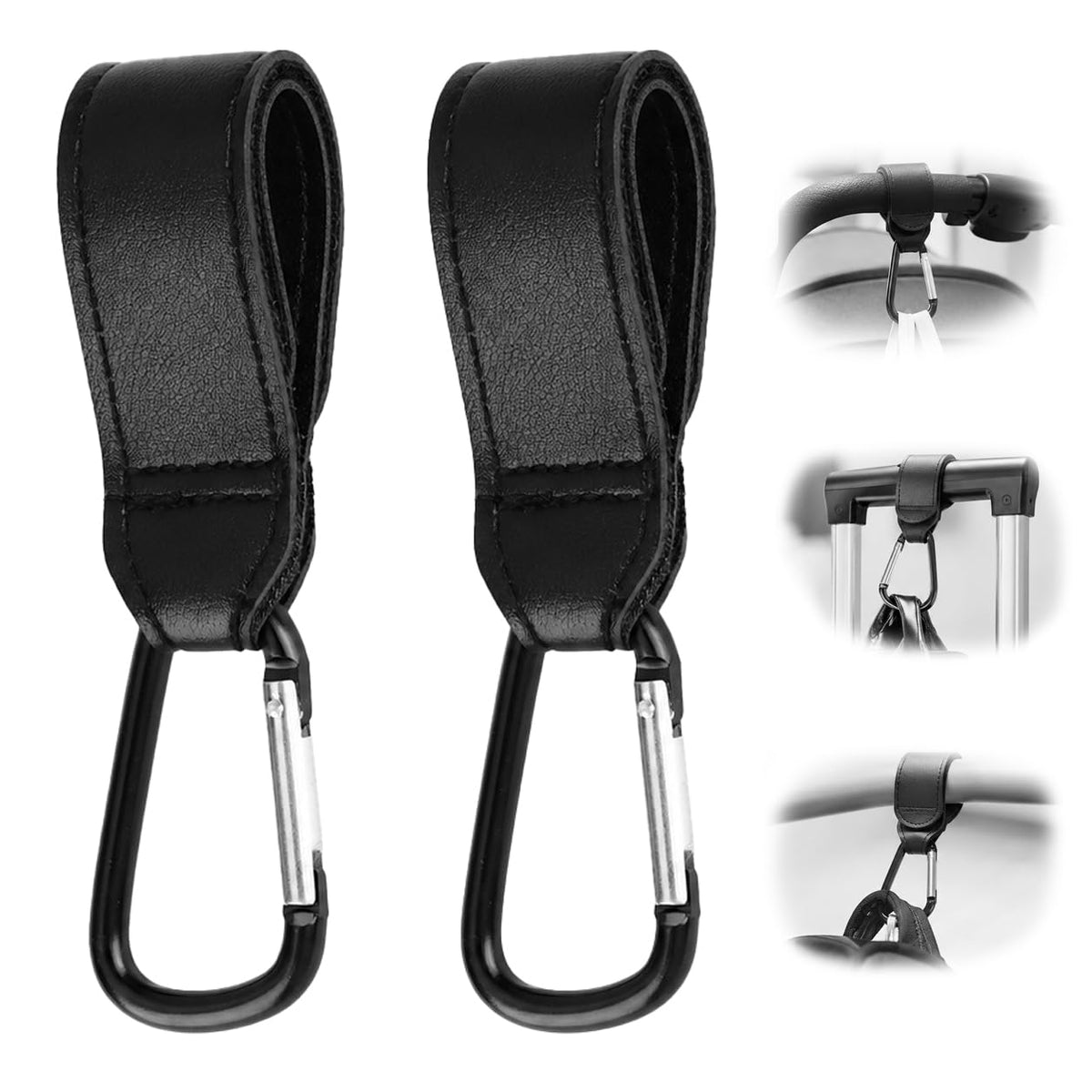 Stroller Hooks for Bags Carabiner with Strap Non-Slip One-Hand Opening Heavy-Duty Compatible with Strollers Mobility Scooters Golf Push Carts 2 Pack