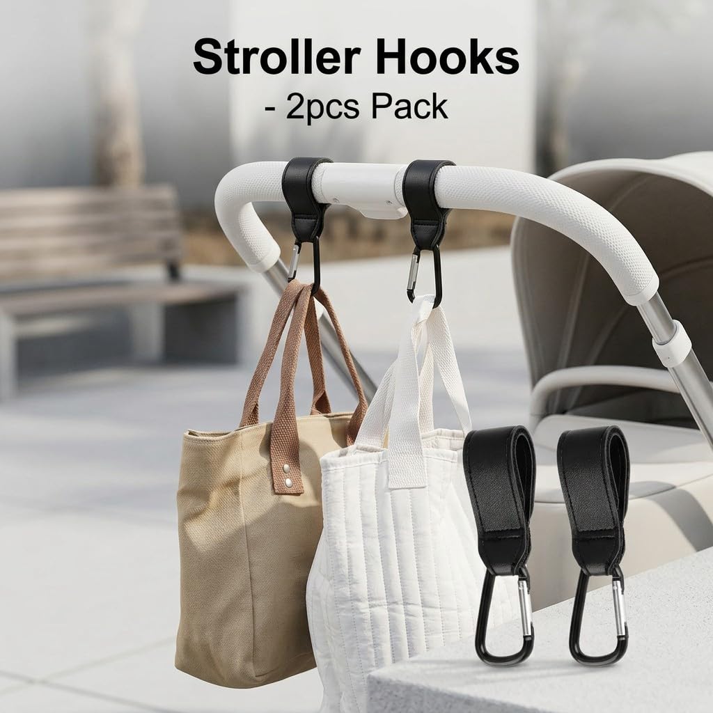 Stroller Hooks for Bags Carabiner with Strap Non-Slip One-Hand Opening Heavy-Duty Compatible with Strollers Mobility Scooters Golf Push Carts 2 Pack