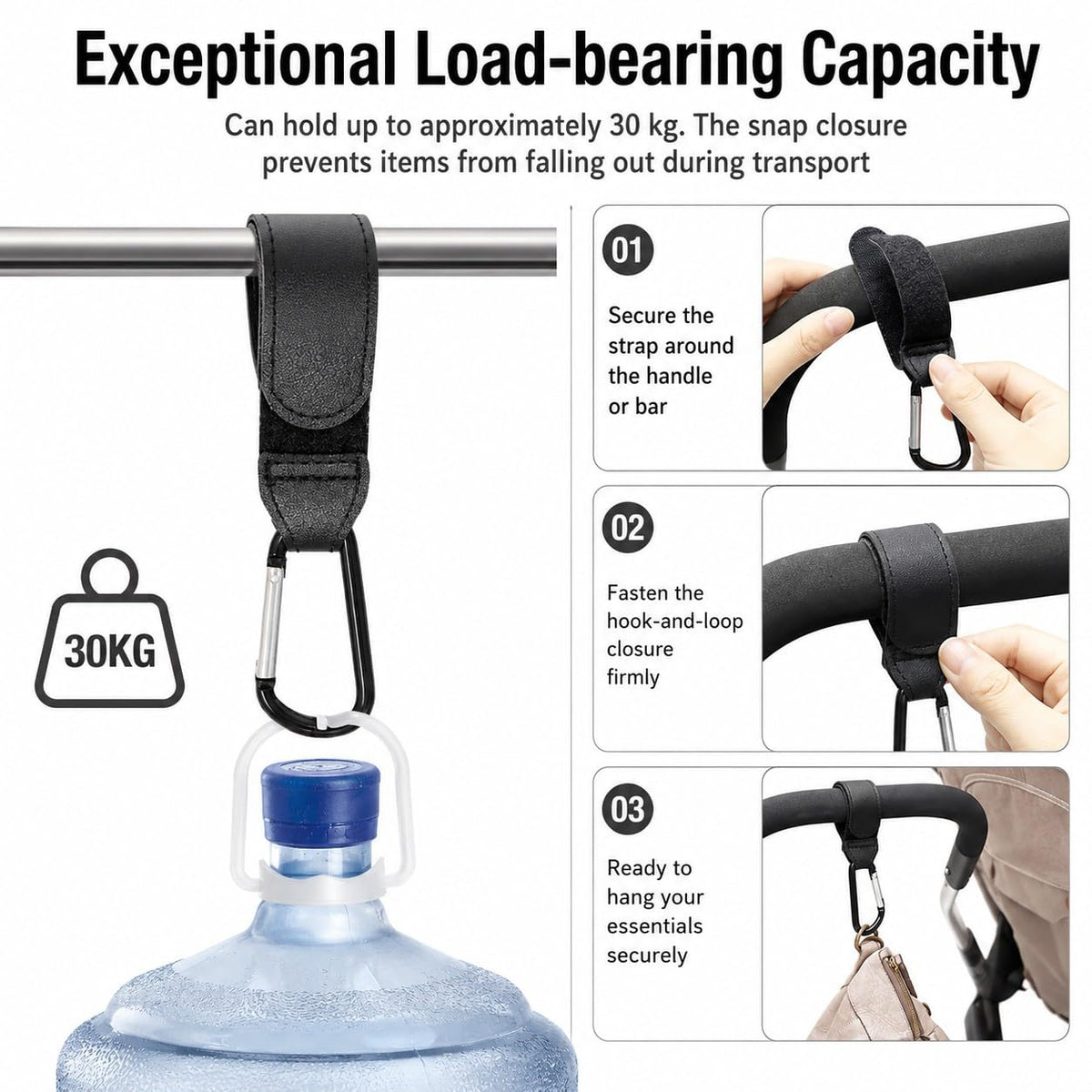 Stroller Hooks for Bags Carabiner with Strap Non-Slip One-Hand Opening Heavy-Duty Compatible with Strollers Mobility Scooters Golf Push Carts 2 Pack