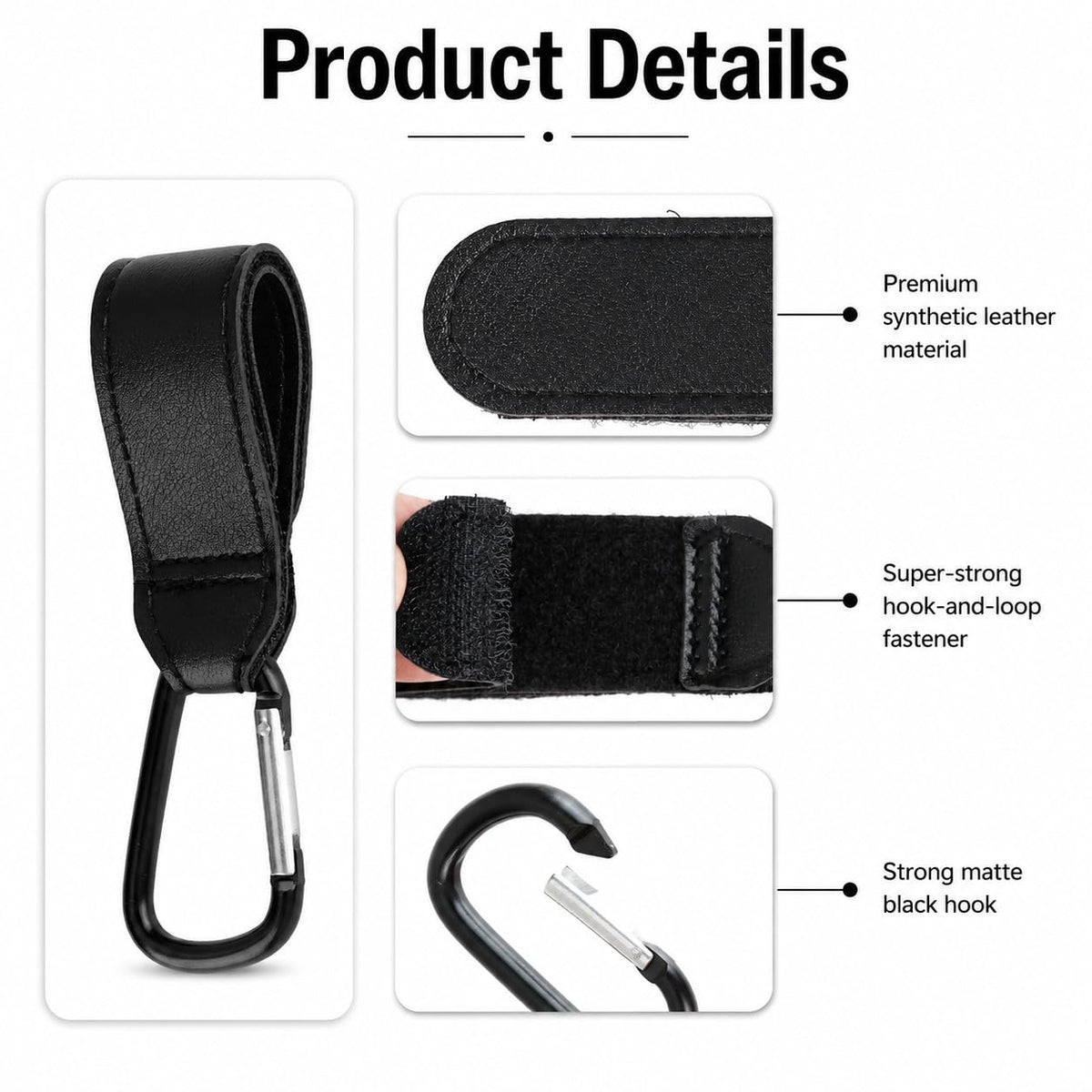 Stroller Hooks for Bags Carabiner with Strap Non-Slip One-Hand Opening Heavy-Duty Compatible with Strollers Mobility Scooters Golf Push Carts 2 Pack