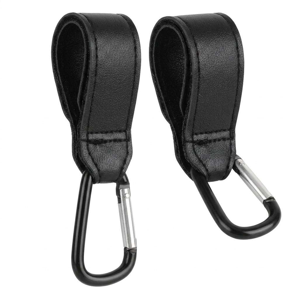 Stroller Hooks for Bags Carabiner with Strap Non-Slip One-Hand Opening Heavy-Duty Compatible with Strollers Mobility Scooters Golf Push Carts 2 Pack