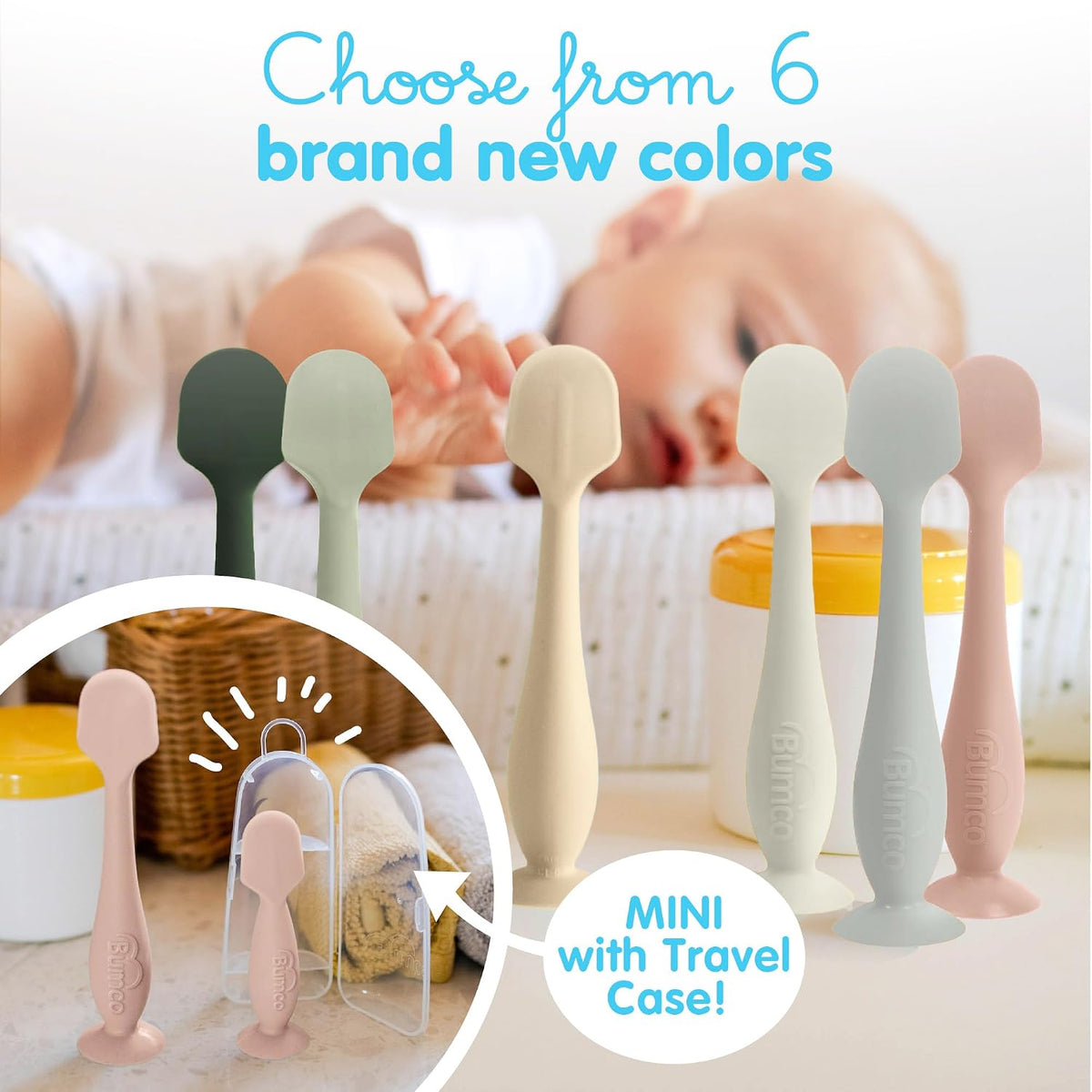Bumco + Mini Baby Diaper Cream Spatula with Case - BPA-Free Silicone Diaper Spatula with Suction Cup, Wipe-Clean, Mom-Invented Butt Paste Applicator (Blush & Gray)