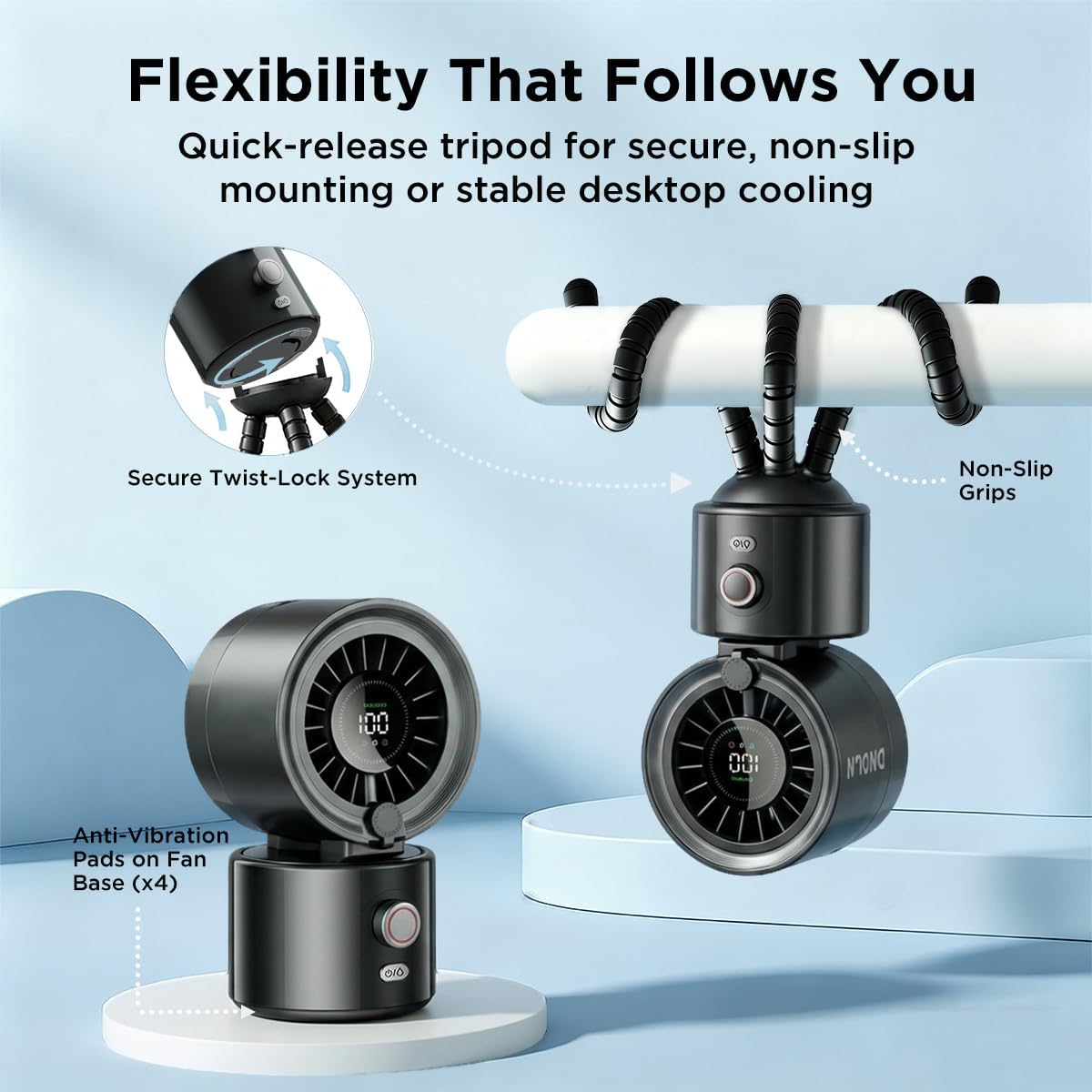 DNDLN 2-in-1 Stroller Misting Fan Golf Cart Fan, 100 Speeds Stepless Portable Baby Fan with Flexible Tripod, 120° Auto Oscillating Clip on Fan, 4000mAh battery, Summer Travel Must Haves