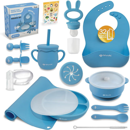 Silicone Baby Feeding Set - Infant Tableware for First Foods & Baby, Led Weaning (0+ Months), Easy to Clean, Durable, Perfect for Baby Boy or Girl, Solid Feeding - Blue - Deluxe