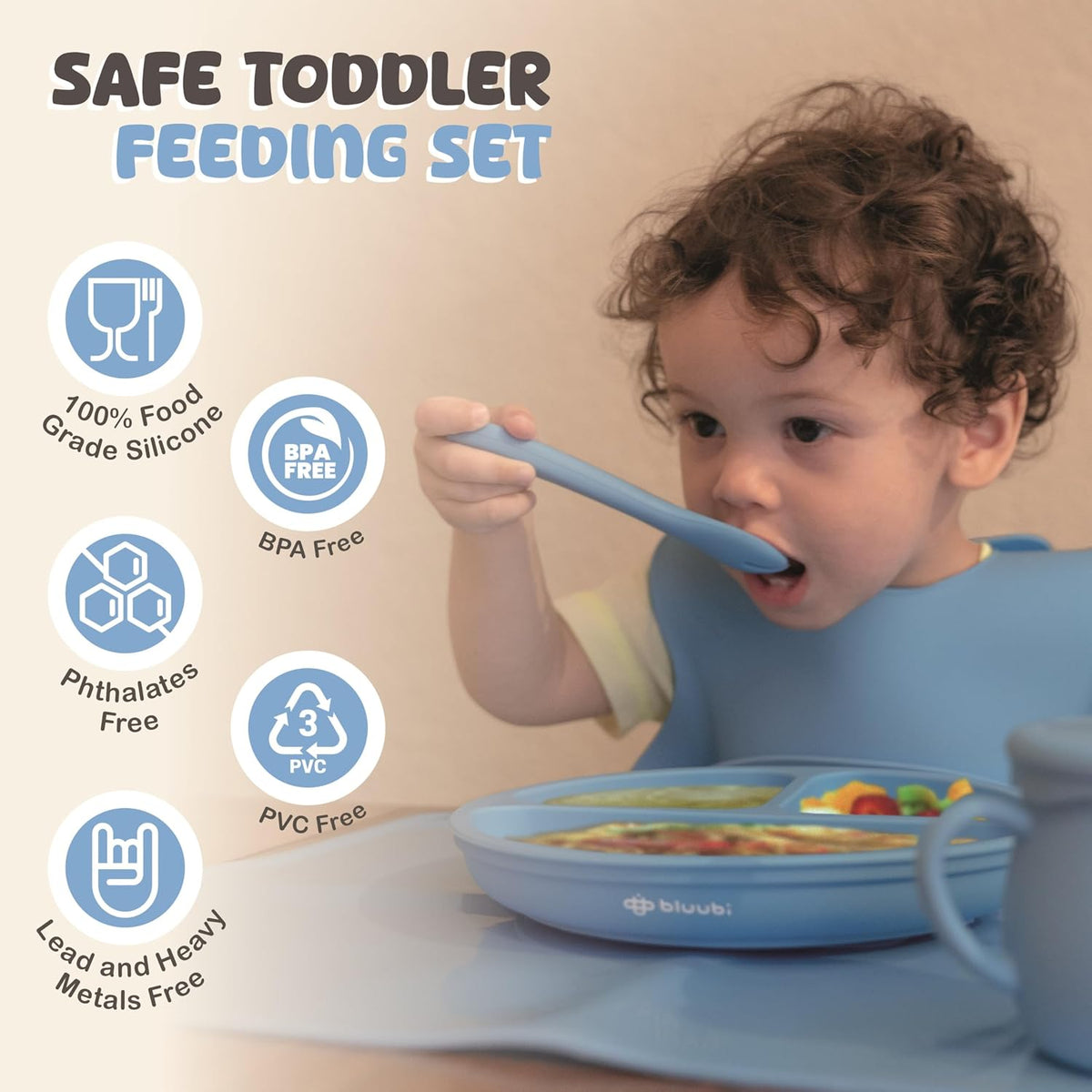 Silicone Baby Feeding Set - Infant Tableware for First Foods & Baby, Led Weaning (0+ Months), Easy to Clean, Durable, Perfect for Baby Boy or Girl, Solid Feeding - Blue - Deluxe