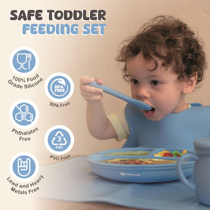 Silicone Baby Feeding Set - Infant Tableware for First Foods & Baby, Led Weaning (0+ Months), Easy to Clean, Durable, Perfect for Baby Boy or Girl, Solid Feeding - Blue - Deluxe