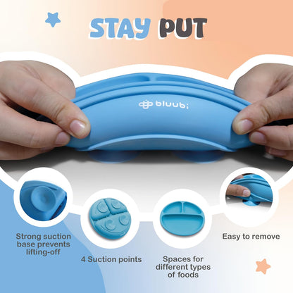 Silicone Baby Feeding Set - Infant Tableware for First Foods & Baby, Led Weaning (0+ Months), Easy to Clean, Durable, Perfect for Baby Boy or Girl, Solid Feeding - Blue - Deluxe