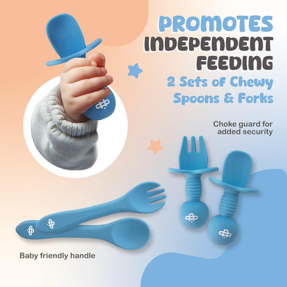 Silicone Baby Feeding Set - Infant Tableware for First Foods & Baby, Led Weaning (0+ Months), Easy to Clean, Durable, Perfect for Baby Boy or Girl, Solid Feeding - Blue - Deluxe