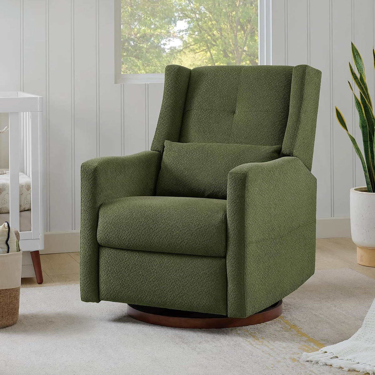 Upholstered Recliner Swivel Glider Nursery Chair Reclining Performance Fabric Rocker with Wood Base,Boucle,Moss Green