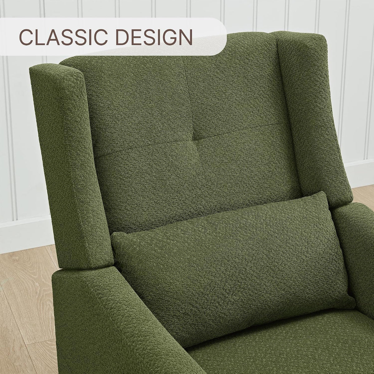 Upholstered Recliner Swivel Glider Nursery Chair Reclining Performance Fabric Rocker with Wood Base,Boucle,Moss Green