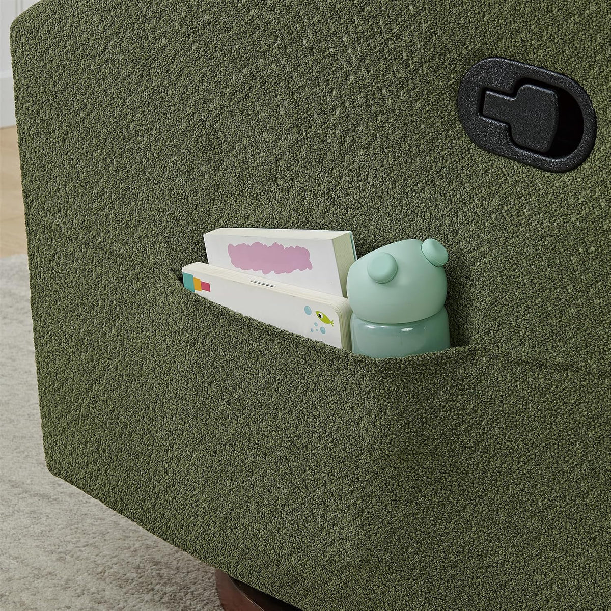 Upholstered Recliner Swivel Glider Nursery Chair Reclining Performance Fabric Rocker with Wood Base,Boucle,Moss Green