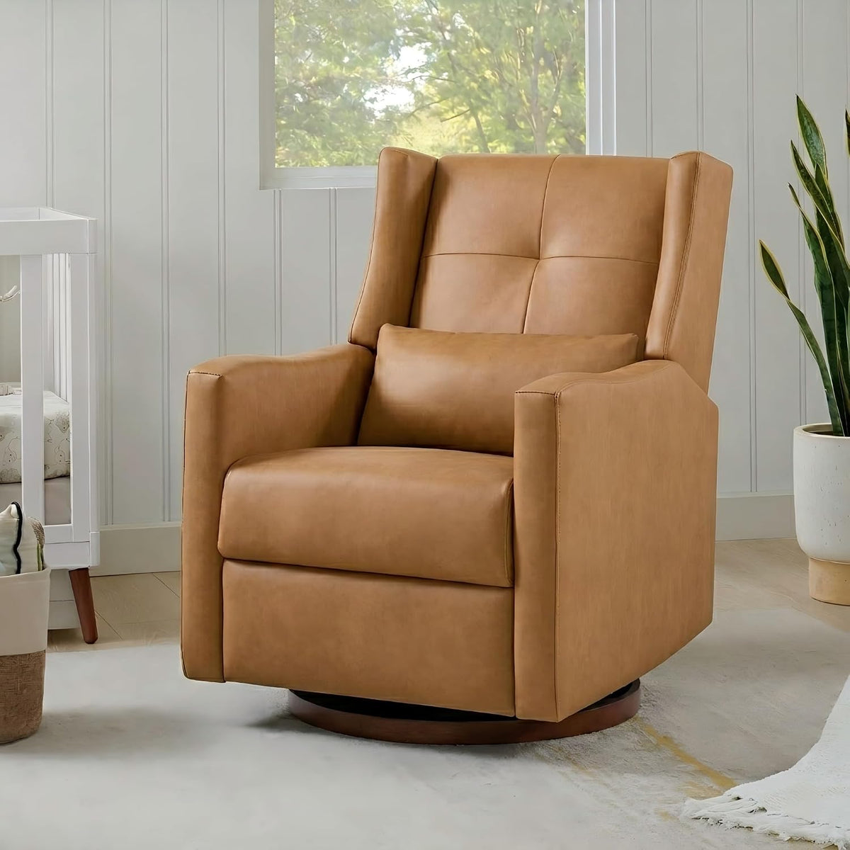 Upholstered Recliner Swivel Glider Nursery Chair Reclining Performance Fabric Rocker with Wood Base,Boucle,Moss Green