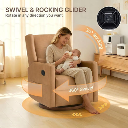 Upholstered Recliner Swivel Glider Nursery Chair Reclining Performance Fabric Rocker with Wood Base,Boucle,Moss Green