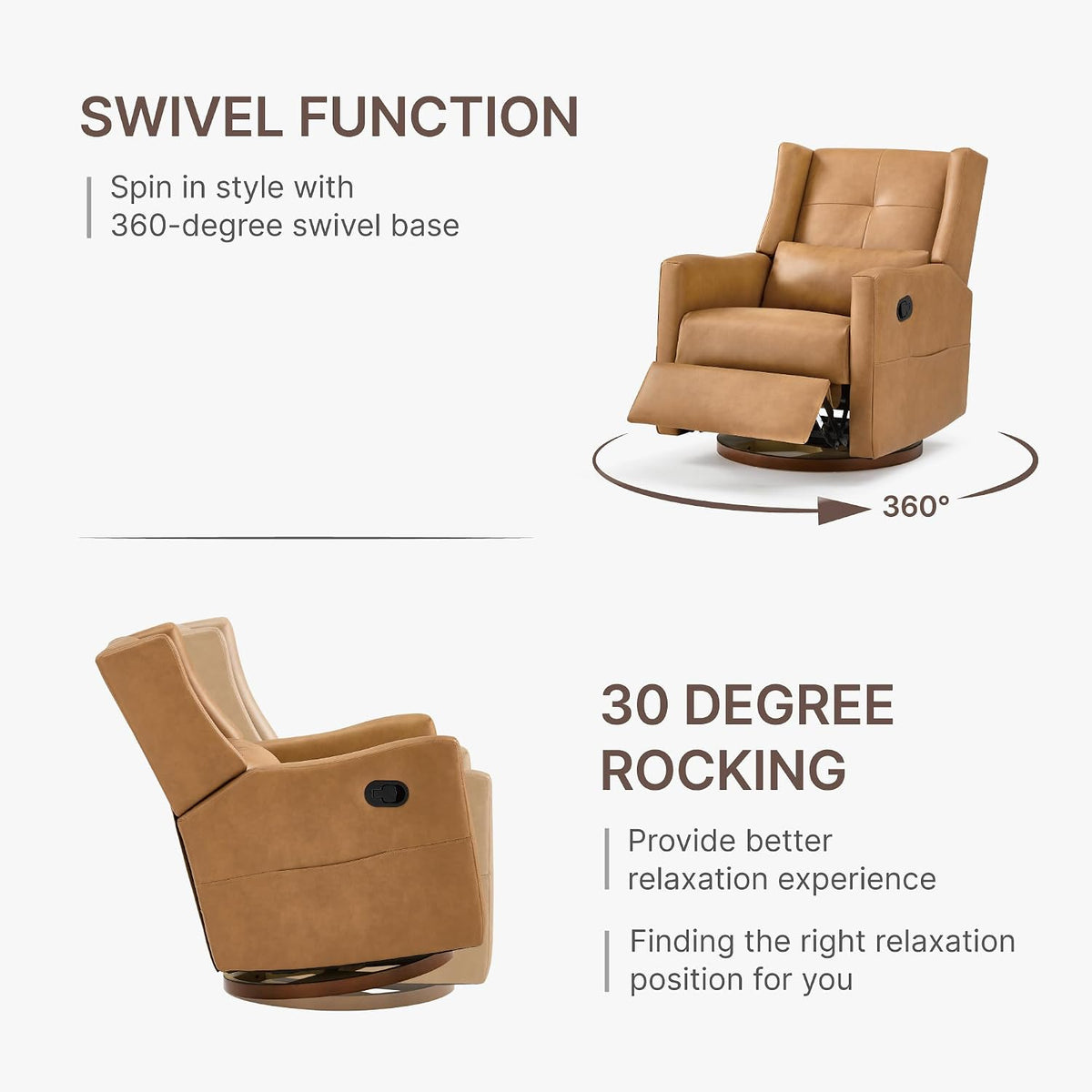 Upholstered Recliner Swivel Glider Nursery Chair Reclining Performance Fabric Rocker with Wood Base,Boucle,Moss Green
