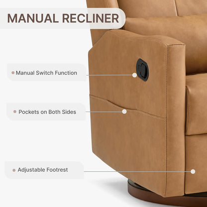 Upholstered Recliner Swivel Glider Nursery Chair Reclining Performance Fabric Rocker with Wood Base,Boucle,Moss Green